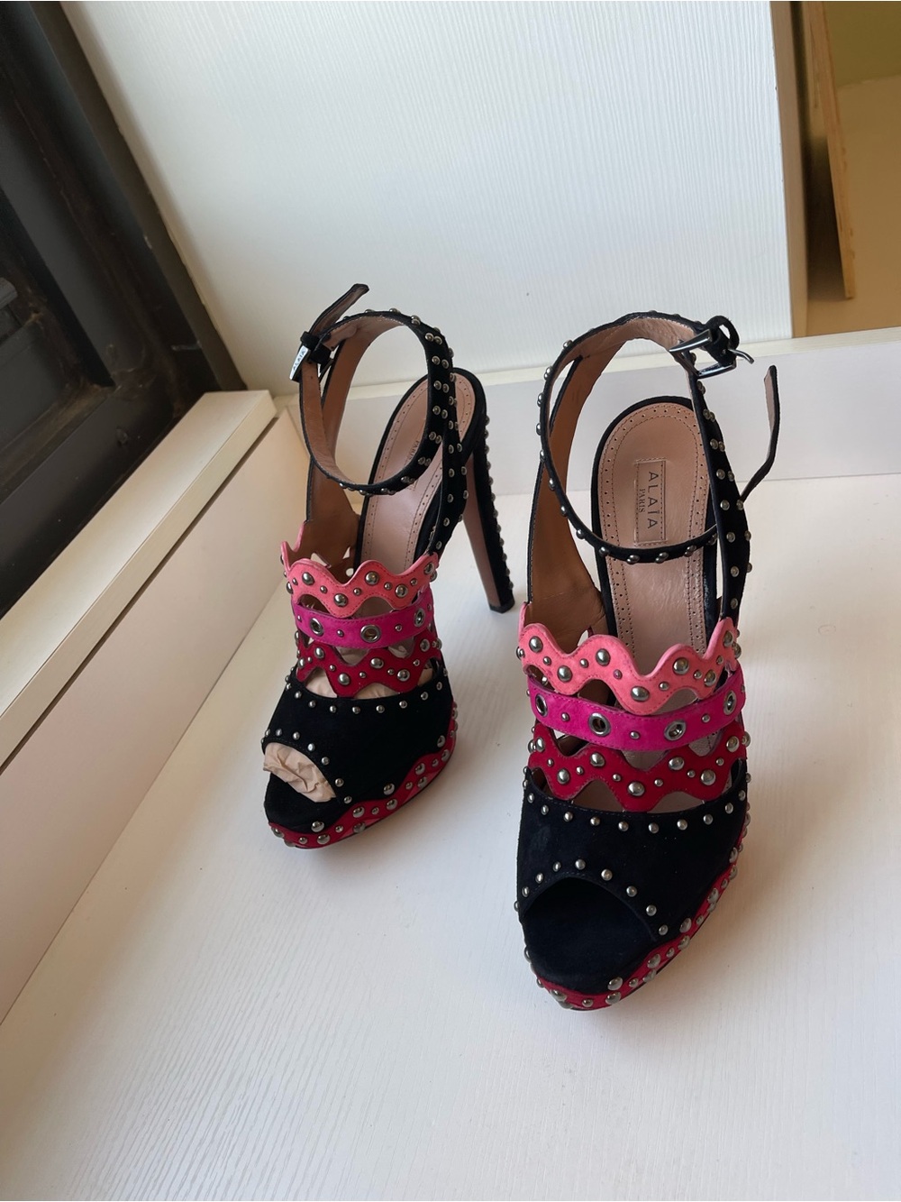 Alaia Black, Pink and Red Scalloped Studded Platform Sandals - Picture 3 of 12